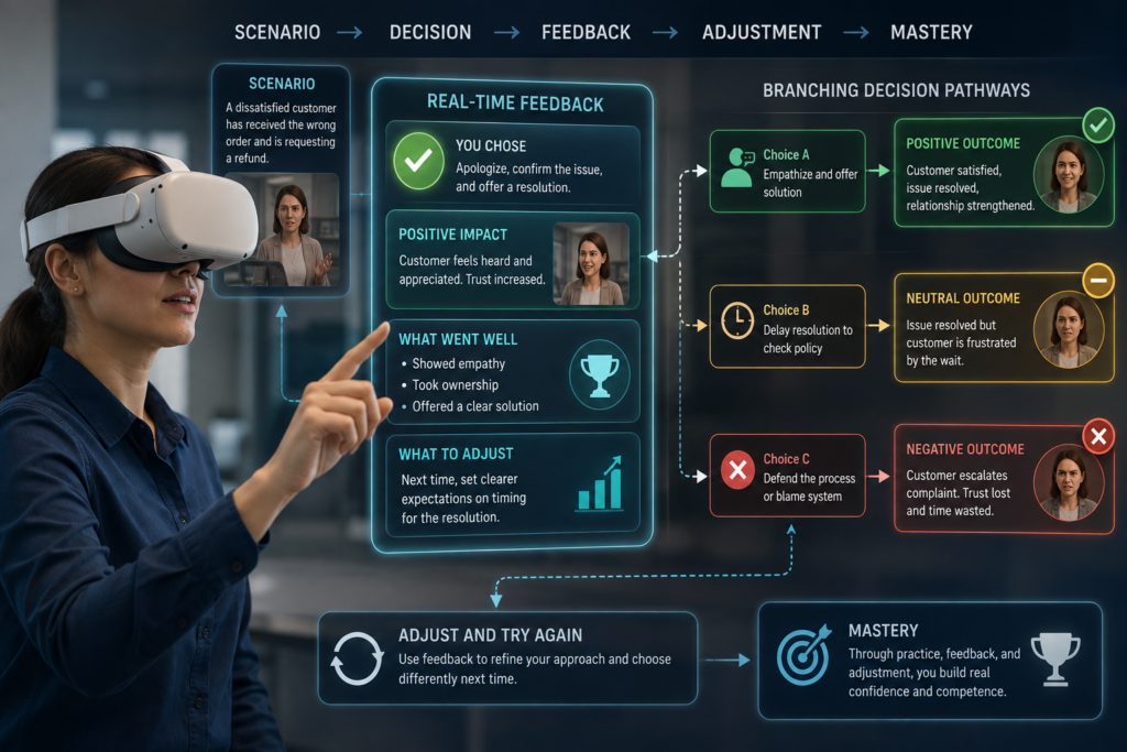 VR learner receiving real-time feedback with branching decision pathways